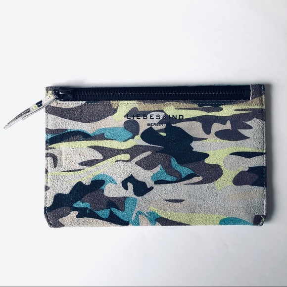 Liebeskind Berlin Lime Blue Gray Camo Zip Leather Pouch - Picture 2 of 8